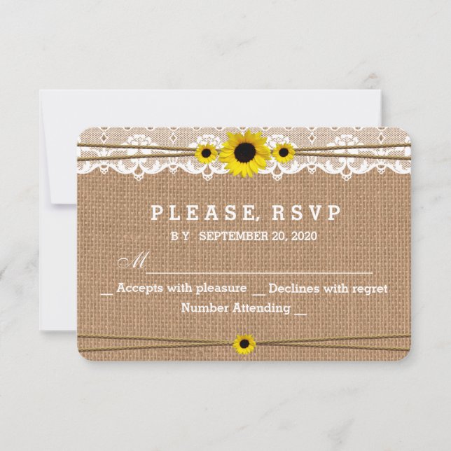 Rustic Lace, Sun Flowers, RSVP de Casamento Burlap (Frente)