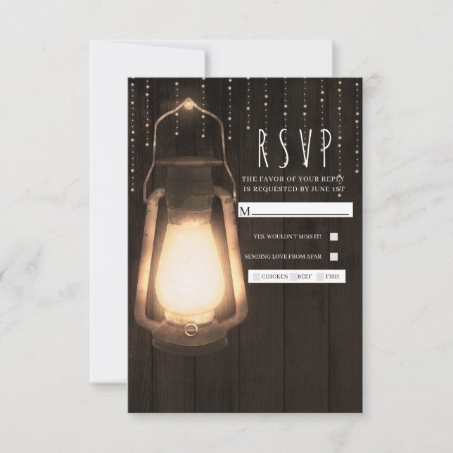 Rustic Lantern & Lights Brown Wood Casamento RSVP (Frente)