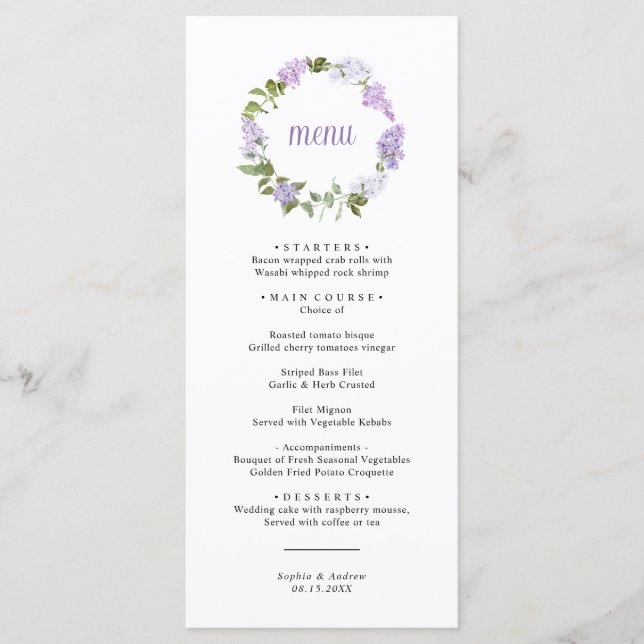 Rustic Lilac Flowers Wedding Menu (Frente)