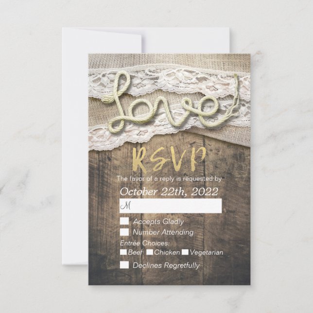 Rustic Love Rope Burlap Lace Casamento RSVP Respos (Frente)