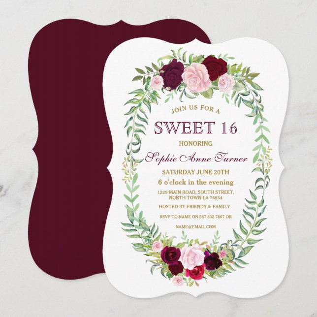 Rustic Marsala Floral Wreath Sweet 16 Convite (Frente/Verso)