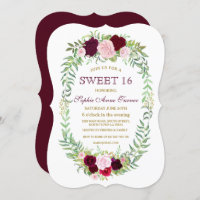 Rustic Marsala Floral Wreath Sweet 16 Convite