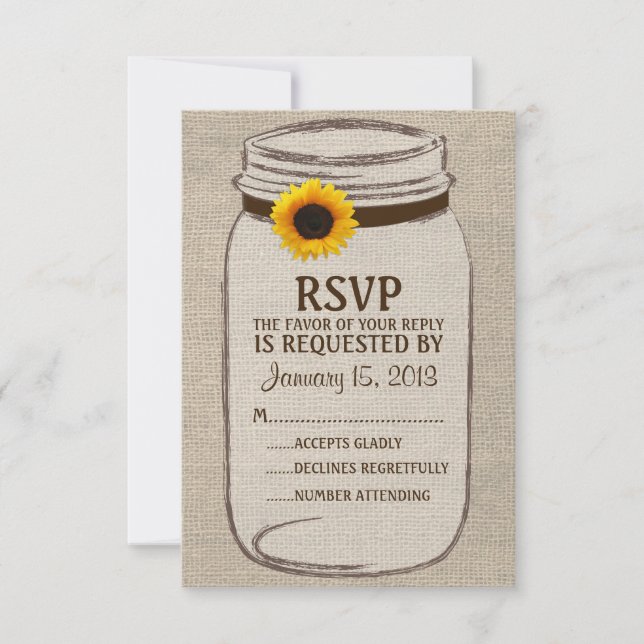 Rustic Mason Jar & Burlap e Sunflower RSVP Card (Frente)