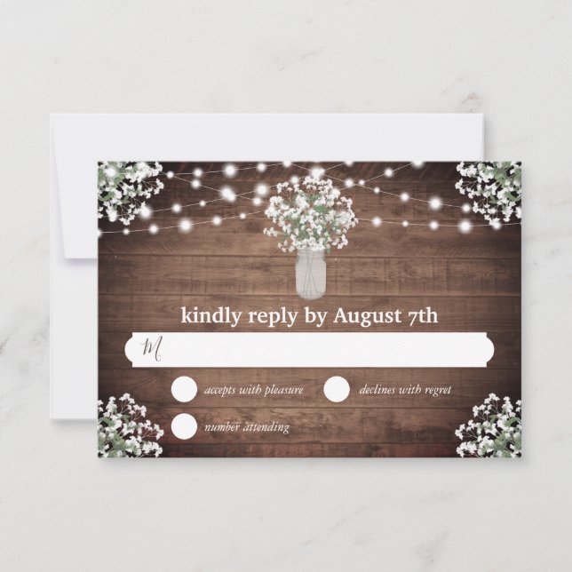 Rustic Mason Jar Lights Budget Weding RSVP Card (Frente)