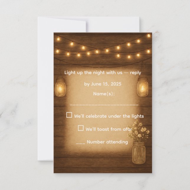Rustic Mason Jar & String Lights Weding RSVP Card (Frente)