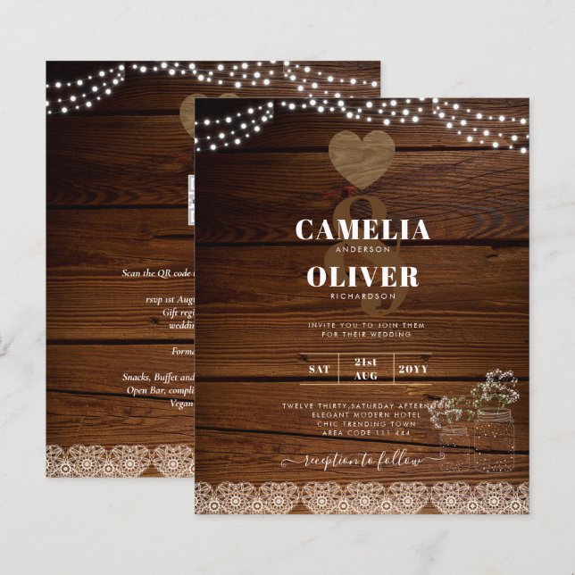 Rustic Mason Jars Lights Lace Gypsophilia WEDDING (Frente/Verso)