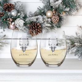 Rustic Modern Plaid Check Deer Stemless Wine Glass