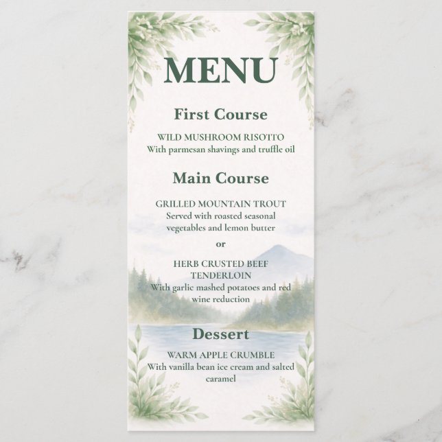 Rustic Mountain Forest Watercolor Wedding Menu (Frente)