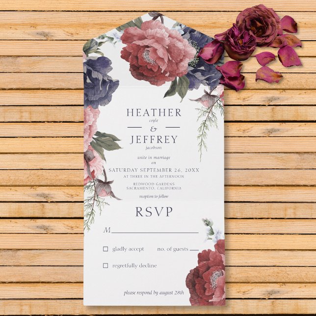 Rustic Pink & Blue Peonies Branco Sem Janto (Also available with a QR code or with dinner selection options.)