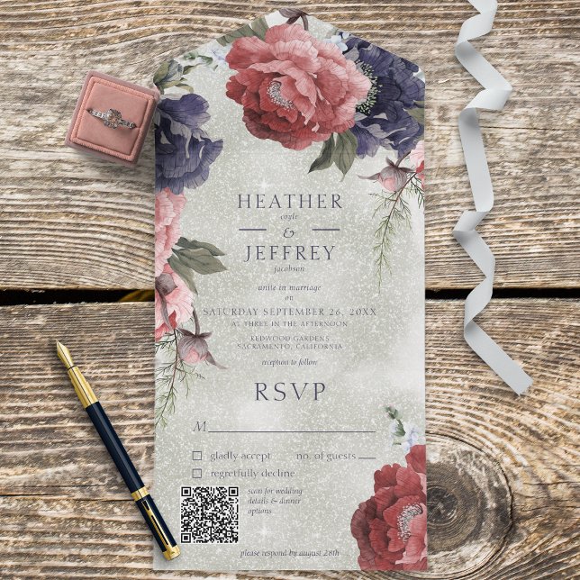 Rustic Pink & Blue Peonies Sage Green Code (Also available without a QR code; with or without dinner selection options.)