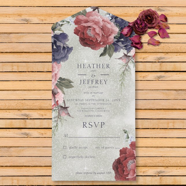 Rustic Pink & Blue Peonies Sage Green No Janta (Also available with a QR code or with dinner selection options.)