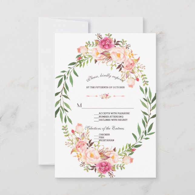 Rustic Pink Blush Floral Bloom Weding RSVP (Frente)