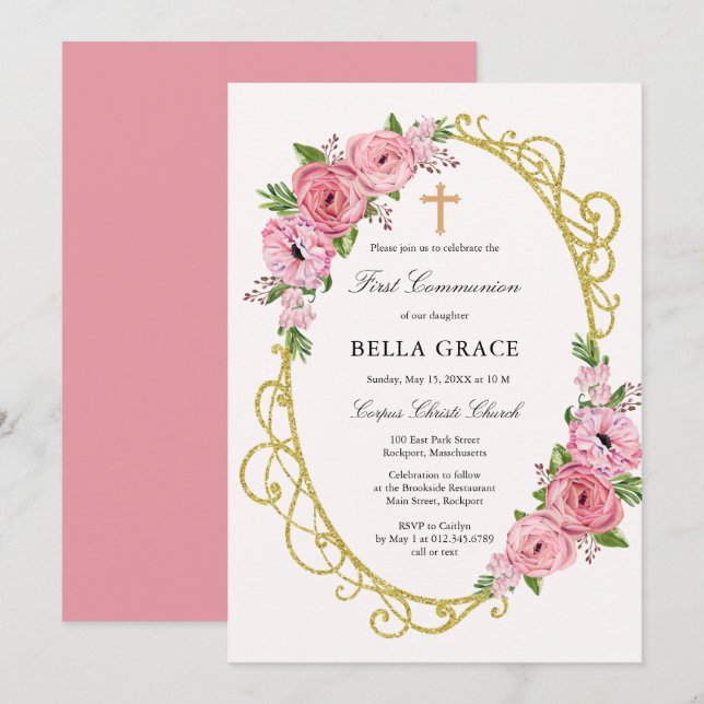 Rustic Pink Floral First Sagrada Convite Comunitár (Frente/Verso)