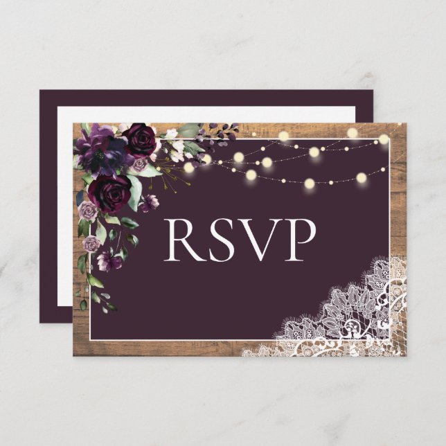 Rustic Plum Purple Floral Lace Wood Casamento RSVP (Frente/Verso)