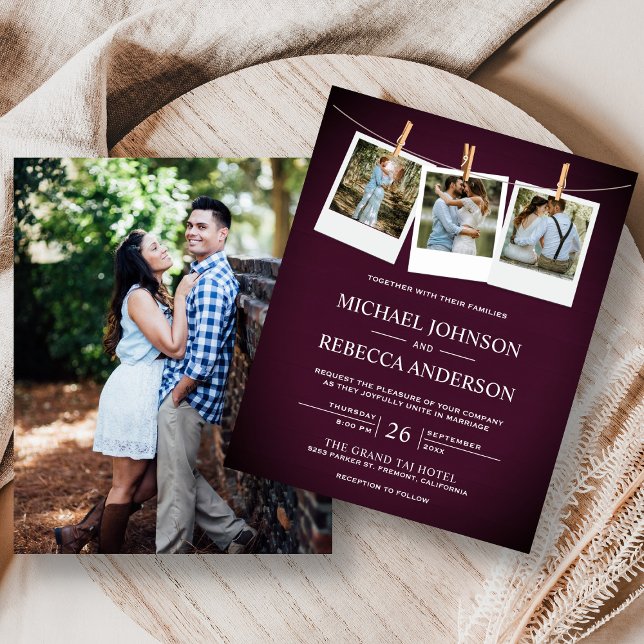 Rustic Plum Wood Photo Budget Wedding Invitation (Criador carregado)