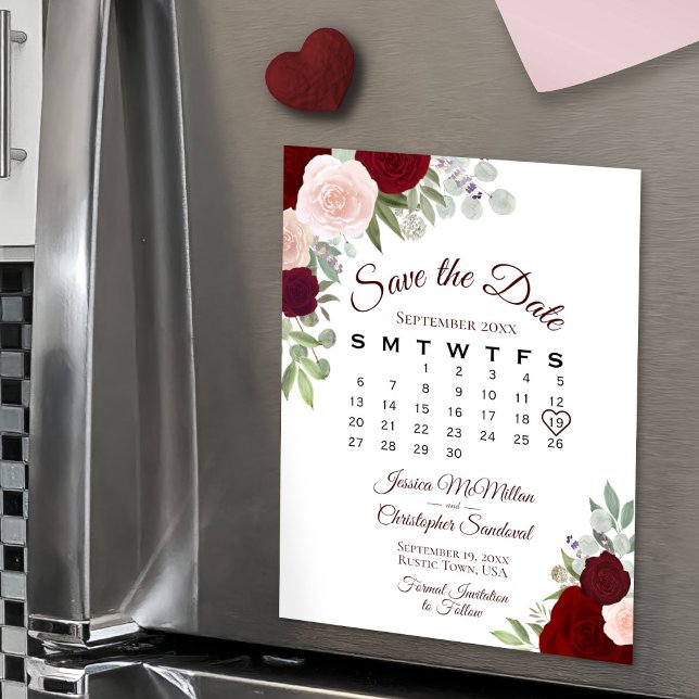 Rustic Red Floral Salve o Magnet do Calendário de  (Magnetic Card On Refrigerator)