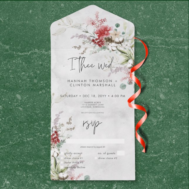 Rustic Red Winter Berries & Boho Cotton Código QR (Rustic Red Winter Berries & Boho Cotton QR Code All In One Invitation)