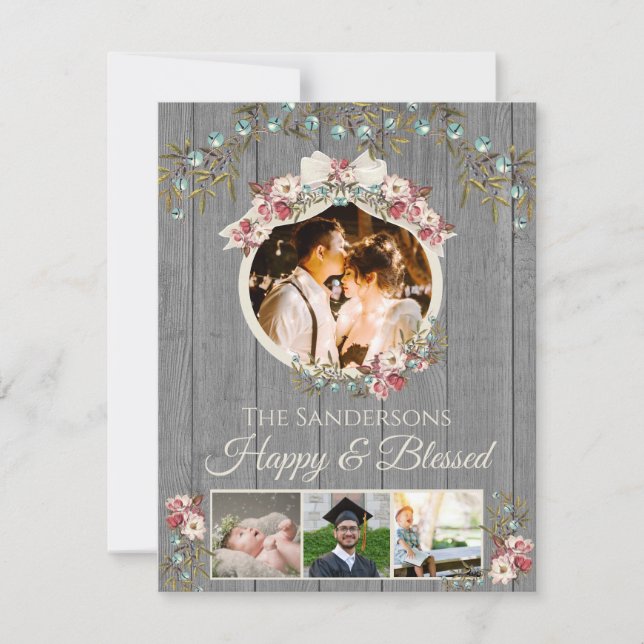 Rustic Romantic 4 Photo Holiday | Cartão de Natal (Frente)