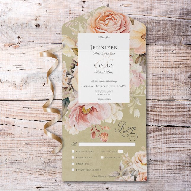 Rustic Romantic Pink & Blush Rosa Janto Verde (Rustic Romantic Pink & Blush Roses Green Dinner All In One Invitation)