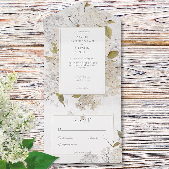 Rustic Romantic White Lilacs em Branco Sem Janto (Rustic Romantic White Lilacs on White No Dinner All In One Invitation)