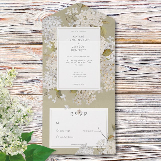 Rustic Romantic White Lilacs em Sage Sem Janto (Rustic Romantic White Lilacs on Sage No Dinner All In One Invitation)