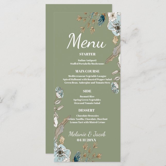 Rustic Sage floral 4x9, Menu de casamento plano 4x (Frente/Verso)