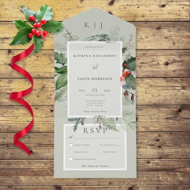 Rustic Sage Winter Holly & Pine Janto (Also available with a QR code or without dinner selection options.)