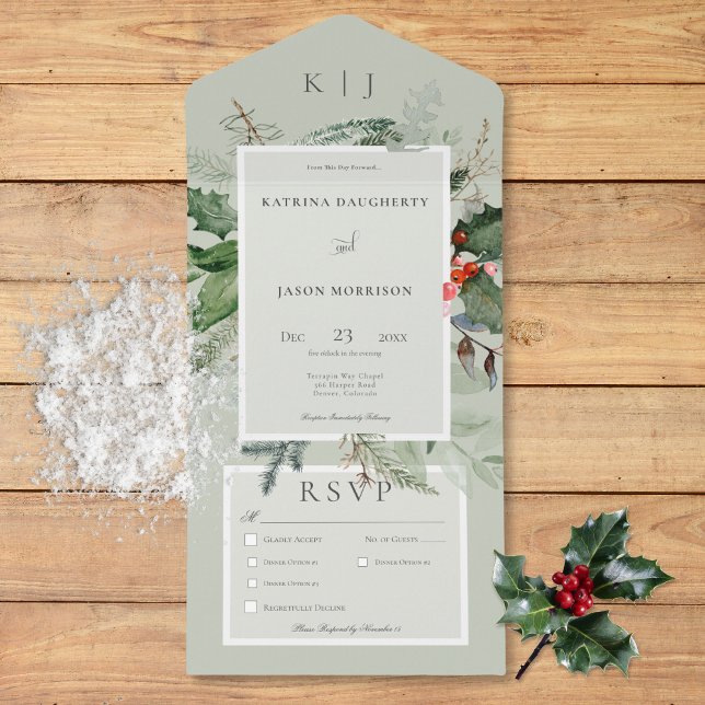 Rustic Sage Winter Holly & Pine Três Janto (Rustic Sage Winter Holly & Pine Three Dinner All In One Invitation)