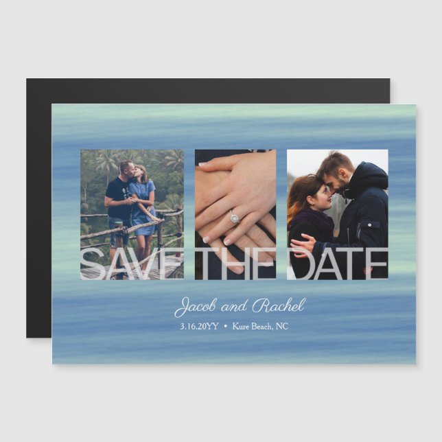 Rustic Save the Date 3-Photo Collage Magnet (Frente/Verso)