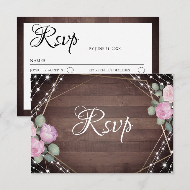 Rustic String Lights Wood & Floral RSVP Wedding  (Frente/Verso)