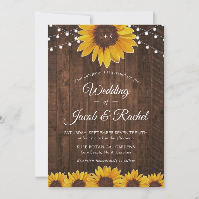 Rustic Sunflower String Lights Convite De Casament (Frente)