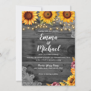 Rustic Sunflower String Lights Convite De Casament