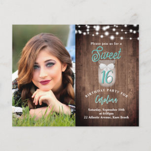 Rustic Sweet 16 Mason Jar Teal Birthday Convite