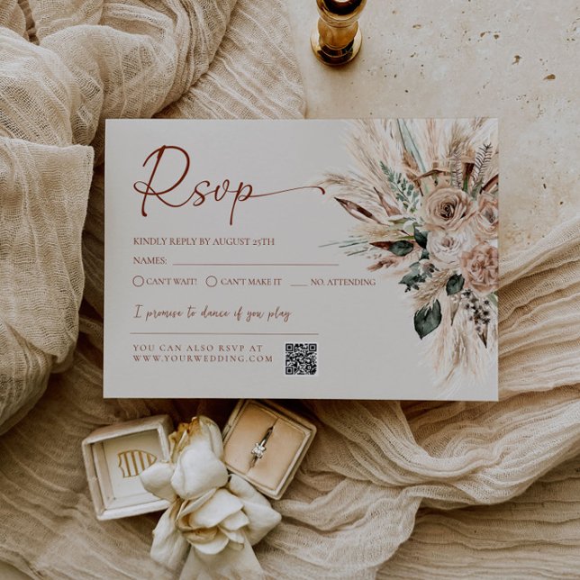 Rustic Tan Boho Wedding RSVP Card Response QR Code (Rustic Tan Boho Wedding RSVP Response Card | Terracotta Fall RSVP Printable | Neutral Beige Pampas)