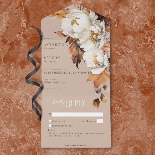 Rustic Tan & Cream Fall Floral & Sai Sem Janto (Rustic Tan & Cream Fall Floral & Leaves No Dinner All In One Invitation)