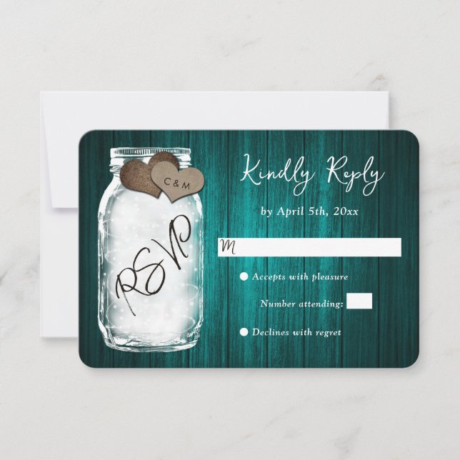 Rustic Teal Mason Jar Wood Wedding RSVP Card (Frente)