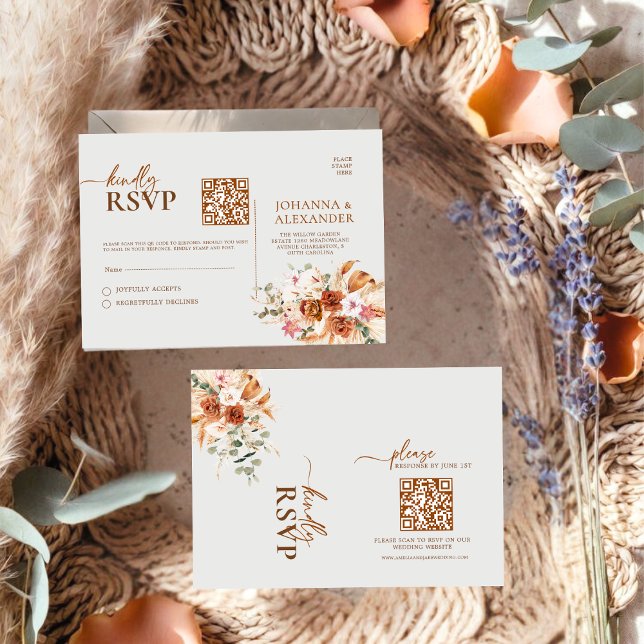 Rustic Terracotta & Blush Floral QR Code RSVP Card (Criador carregado)