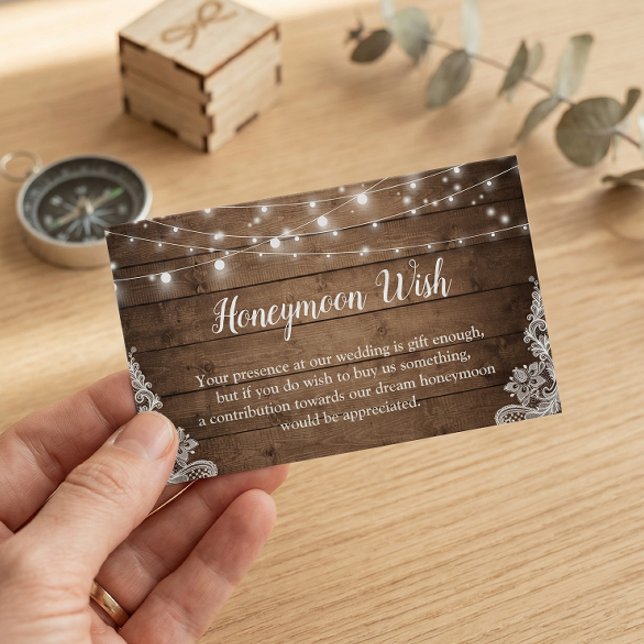 Rustic Twinkle Lights Weding Honeymoon Fund Card (Criador carregado)
