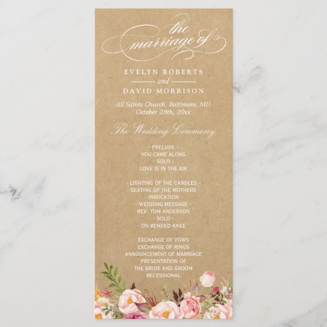 Rustic Vintage Floral Kraft | Programa Casamento (Frente)