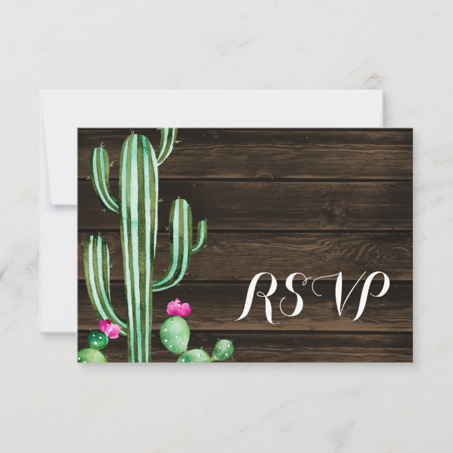 Rustic Watercolor Cactus Barn Wood RSVP (Frente)