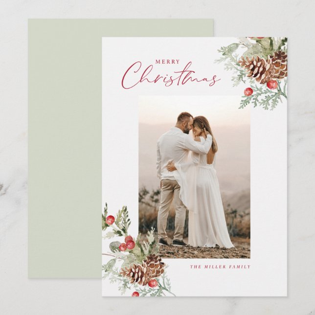 Rustic Watercolor Cartão com fotos Feliz de Natal (Frente/Verso)