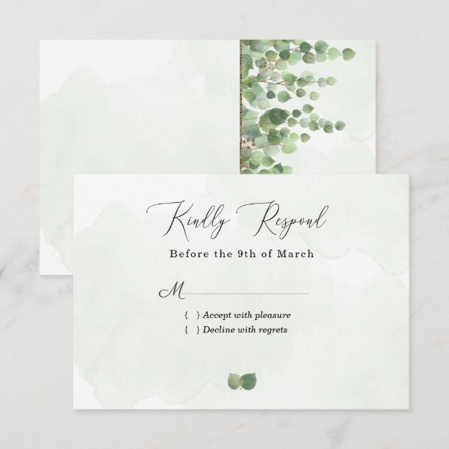 Rustic Watercolor Eucalyptus deixa casamento RSVP  (Frente/Verso)