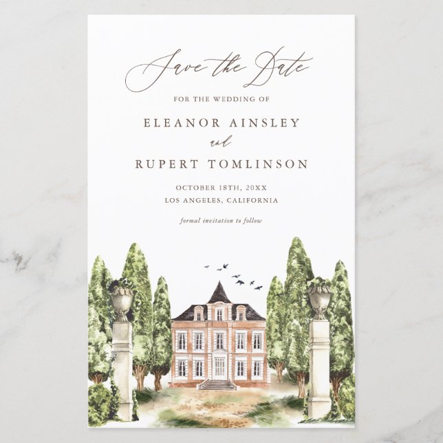 Rustic Watercolor Manor Save the Date Card (Frente)