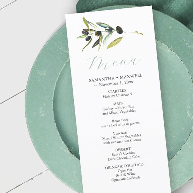 Rustic Watercolor Olive Branch Noun Menus (wedding menu card botanical watercolor stationery olive branch)