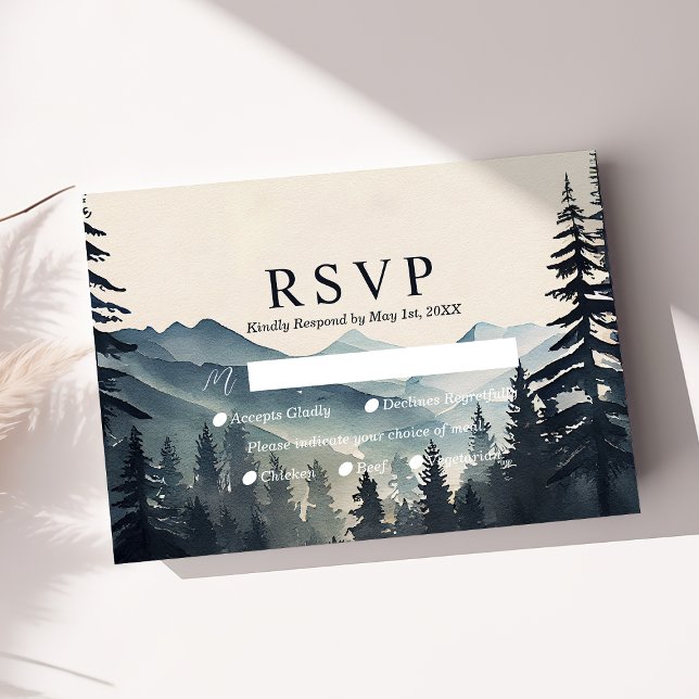 Rustic Watercolor Pine Tree Mountain Weding RSVP (Criador carregado)