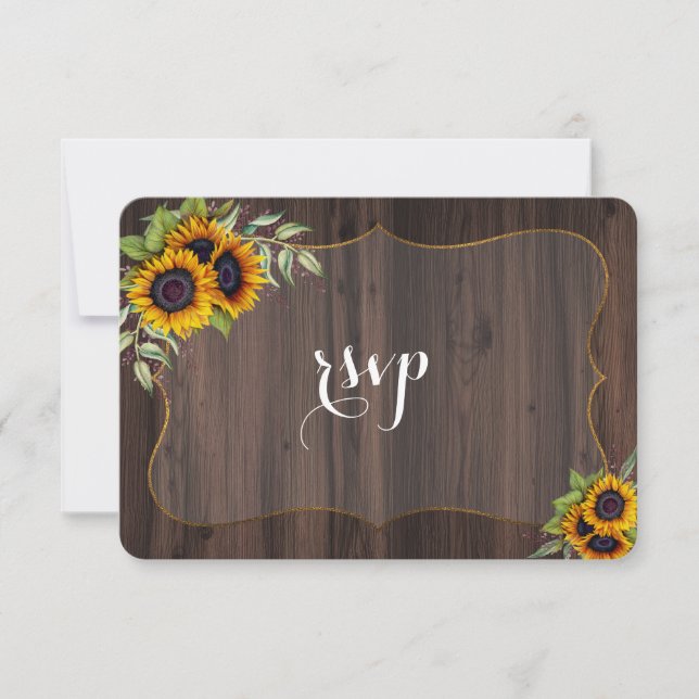Rustic Watercolor Sunflower Wood RSVP Convite (Frente)