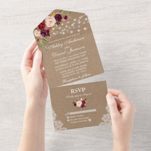 Rustic Wedding Burgundy Floral Lace Kraft