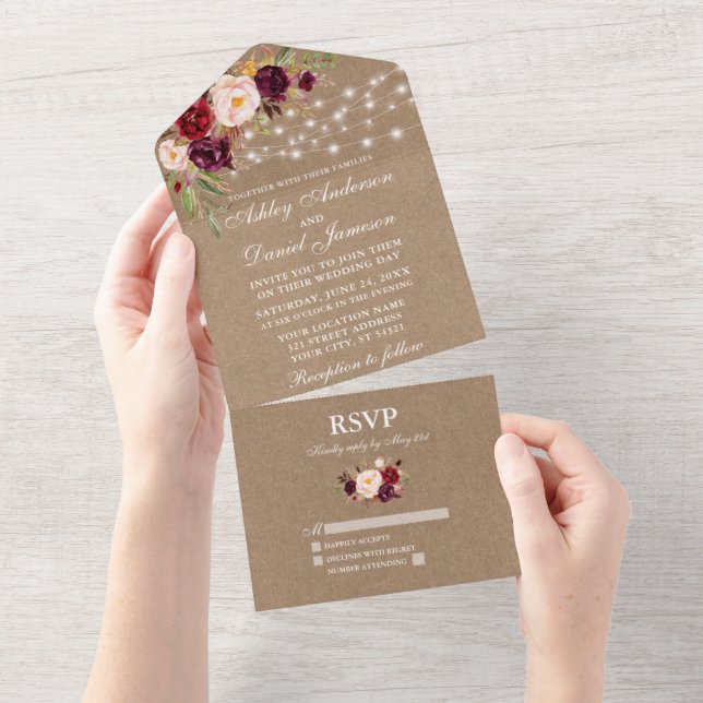 Rustic Wedding Burgundy Floral String Luzes Kraft (Tearaway)