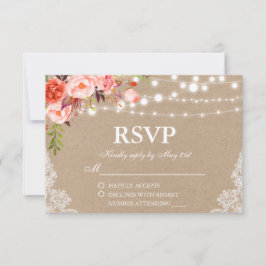 Rustic Wedding Kraft Coral Floral Lights RSVP