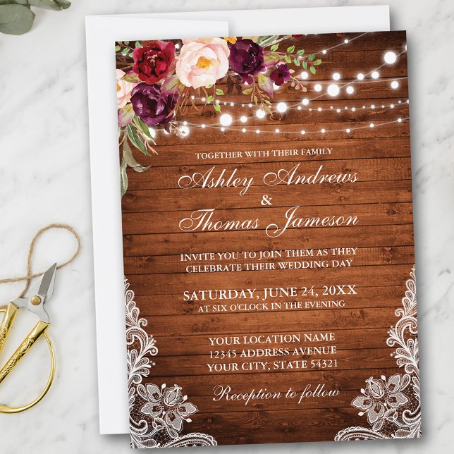 Rustic Weds Wood Lights Lace Convite Floral (Customize to add more text or photos to back of card.)